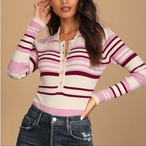 Lulu’s Polo Bodysuit Always Your Sweetheart Cream Pink Striped Ribbed Top